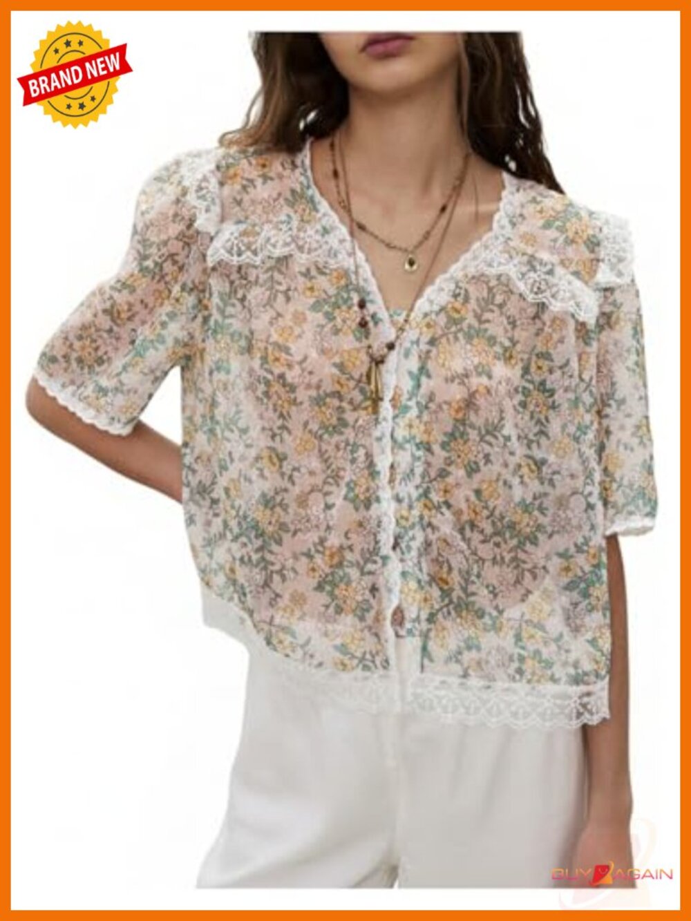 Sheer Floral Lace Trim Button Down Ruffle Blouse